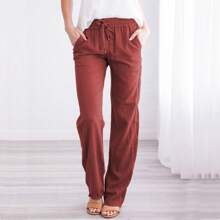 Linen Pants Women Summer Wide Leg Pants Drawstring Elastic Waist Wide Leg Pants High Waisted Lounge Pants Casual Yoga Beach Trousers With Pockets - 酒紅色 - 查看 1