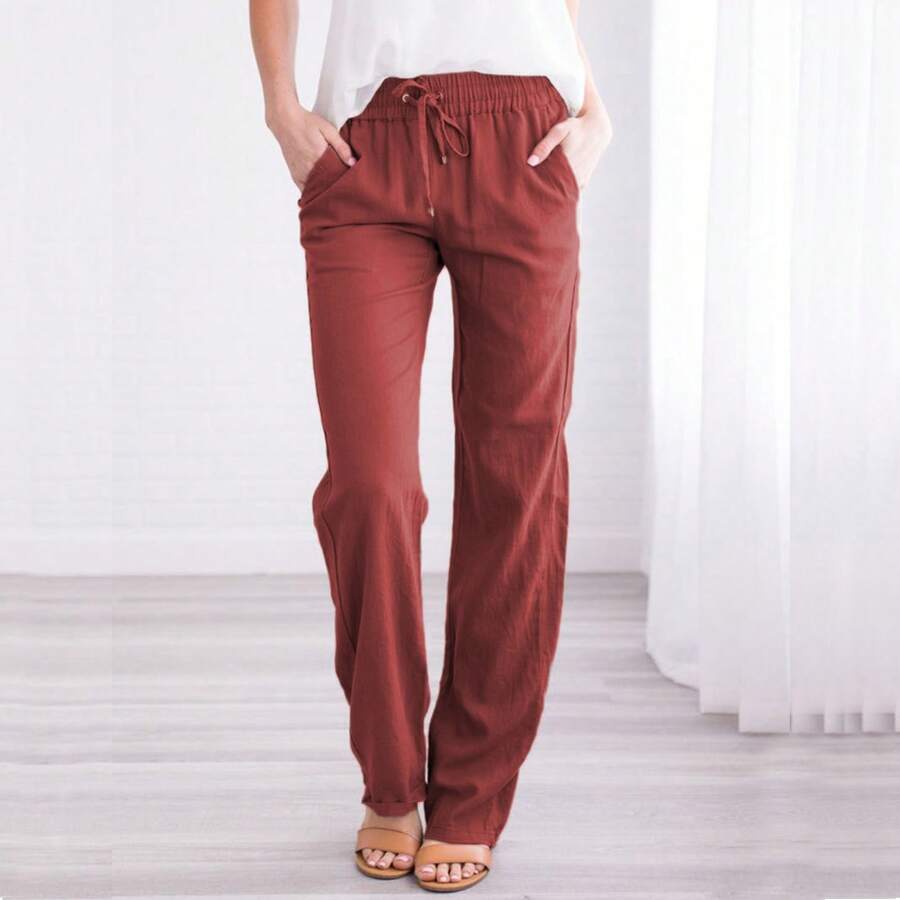Linen Pants Women Summer Wide Leg Pants Drawstring Elastic Waist Wide Leg Pants High Waisted Lounge Pants Casual Yoga Beach Trousers With Pockets - 酒紅色 - 查看 1