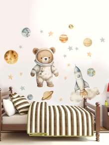 1pc Cute Cartoon Astronaut Bear, Rocket Spaceship Self-Adhesive Wall Sticker, Nursery Kids Room Decor, Jungle Green Plant Tiger Wall Decal, Vintage Lamp Flower Wall Sticker, Panda Drinking Coffee Wall Decal, Girls/Boys Room Decor, Kids Room, Nursery Stickers - Multicolor - View 1