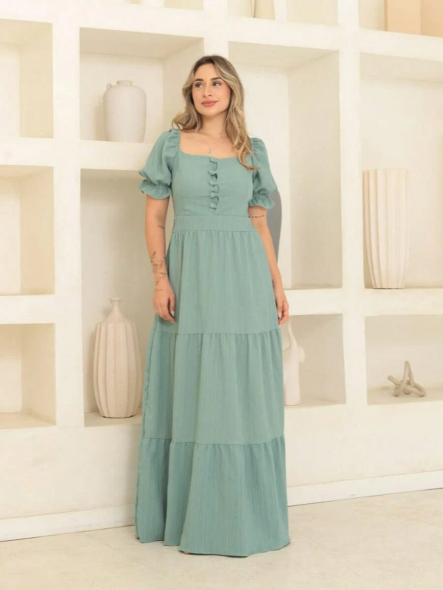 Vitoria Luxury Long Dress Duna Onda With Button Short Sleeve - Mint Green - View 1