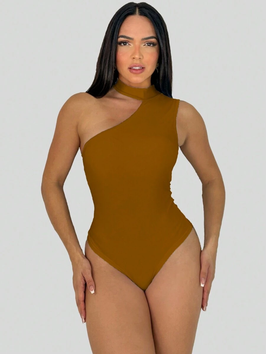 Women's One-Shoulder Bodysuit With Neckline, Single-Sleeve, Suplex Blogger - Màu nâu Sô-cô-la - Xem 1