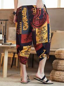 Men Baggy Retro Printed Capri Pants Breathable Below Knee Shorts Wide Leg Casual Summer Shorts