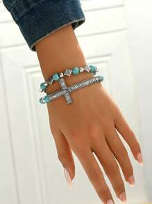 1 Set Of 2pcs Turquoise Beaded Boho Style Cross Charm Bracelet Set - Green Two Piece Set - View 3