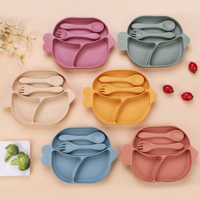 3pcs/Set Baby Feeding Tableware Set, With Divided Plate, Suction Cup Silicone Plate, Toddler Cutlery Including Fork & Spoon, Cute Fish Design