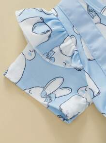 Baby Girls Rompers Dress Easter Clothes Short Sleeve Rabbit Embroidery Skirt Hem Bodysuits Jumpsuits With Headband - Blue - View 5