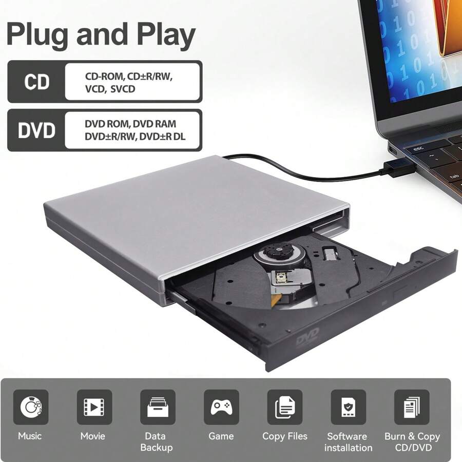 External CD DVD Drive, USB 2.0 Slim Portable External CD-RW Drive DVD ...