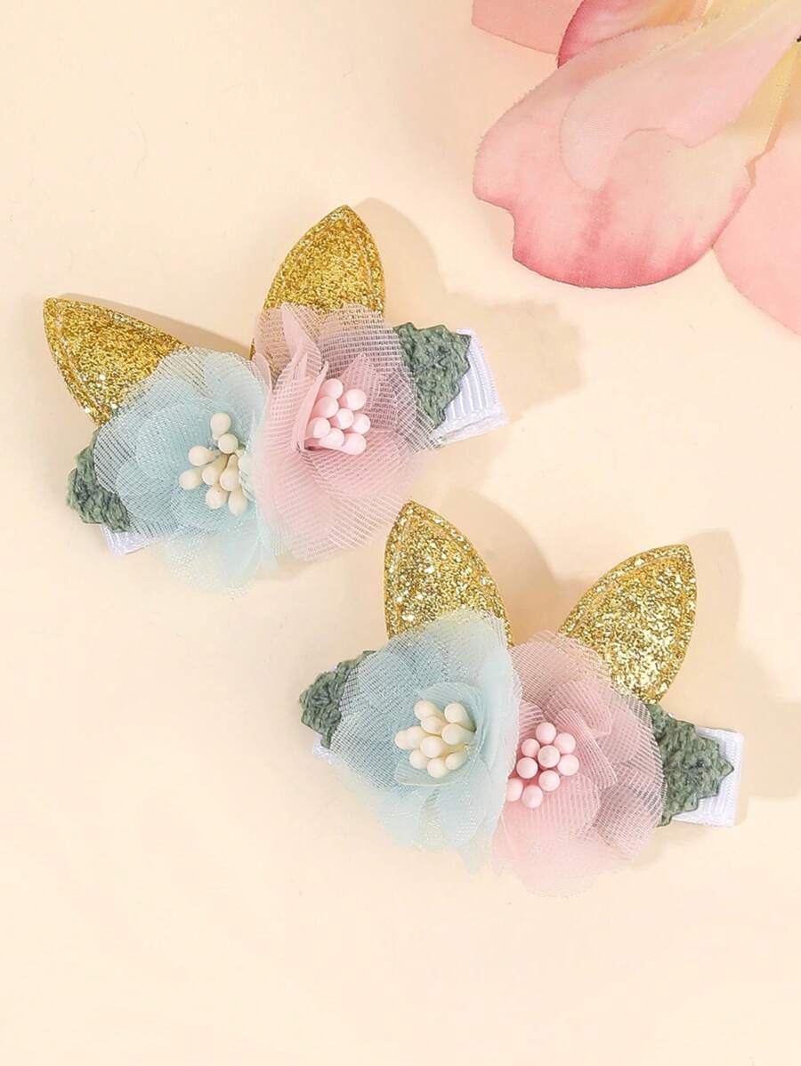 2pcs Glitter Bunny's Ear Hair Bow Clips For Toddlers Girls ,Exquisite Tulle Mesh Flower Plants Decor Hair Bows ,Alligator Clips ,Favor Gifts For Girls ,Festival Party Celebration Hair Barrettes ,Kids Teens Hair Accessories ,Suitable Daily Life ,Vacation