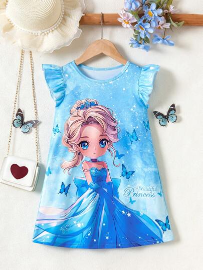 Young Girl Cute Blue Frozen Princess Cartoon Print Dress - Cartoon Princess Print Design, Ruffle Sleeve, Lightweight & Soft Fabric, Fairy Tale Inspired. Suitable For Children's Theme Parties, School Activities, And Daily Wear, Makes Every Girl A Dream Princess. Fit For 4-7 Years Old Girls, Spring/Summer