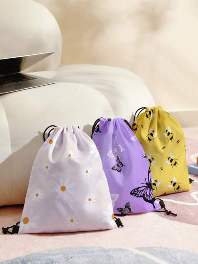 1 件带可爱蜜蜂、蝴蝶、花卉图案的抽绳包，黑色抽绳背包，适合运动、健身、旅行、游泳、海滩、健身房锻炼，男女通用