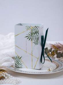 10pcs Leaf Print Gift Box With Ribbon, Paper Candy Box For Wedding