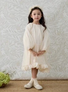 Nuovo vestito da principessa in tulle floreale da ragazza per la primavera, abito da cerimonia in stile patchwork color albicocca soffice, adatto per feste di compleanno, vacanze, damigella con maniche a lanterna