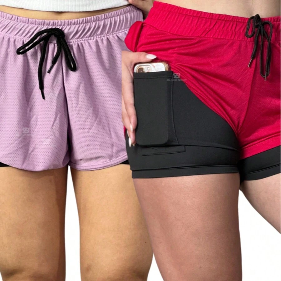 KIT 2 Women's Shorts 2 In 1 Men's Gym Bermuda Running Training With Elastane - Rusty Rose - View 1