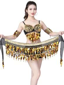 Belly Dance Sequin Hip Scarf Chiffon Short Skirt Belt Waist Chain Wrap Rave Gold Shine Sparkly Costume For Women Carnival Stage - Multicolor - View 9