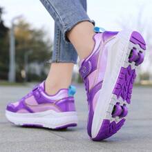 冬季青少年学生成人情侣时尚透气运动鞋小四轮溜冰鞋户外运动旱冰鞋男鞋女鞋可拆卸一鞋两穿 - 亮紫色 - 查看 2