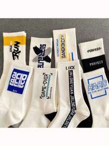 5 Pairs Of Random Men's Letter Stripe Pattern, Simple Street Fashion Retro Soft And Comfortable Casual Socks, Suitable For Home Leisure Or Outdoor Sports Wear, Fall Socks