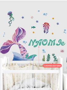 1 Stück Meerjungfrauenschwanz, Seetang, Cartoon Wandtattoo, anpassbarer Text Wandaufkleber, erstelle deinen Signaturstil & personalisieren Raum, Schlafzimmer Wohnzimmer Dekor Zuhause abziehbar, Material: PVC