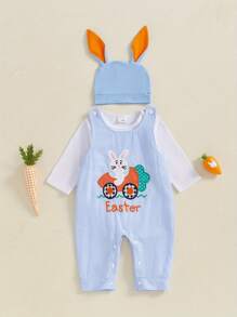 Newborn Baby Boy My First Easter Outfit Long Sleeve Romper Bunny Embroidery Plaid Overalls Jumpsuit Rabbit Ears Hat 3 Piece Spring Set - Blue - View 2