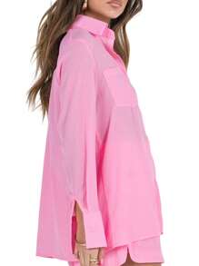 Women Pajama Set, Long Sleeve Button Closure Shirt With Shorts Sleepwear Loungewear - 粉色 - 查看 6