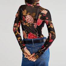 Women's Long Sleeve Mesh Tops See Through Sheer Tee Shirts Mock Neck Floral Print Crop Tops Y2K Layering Top Blouses For Party Club Casual - màu đen - Xem 3
