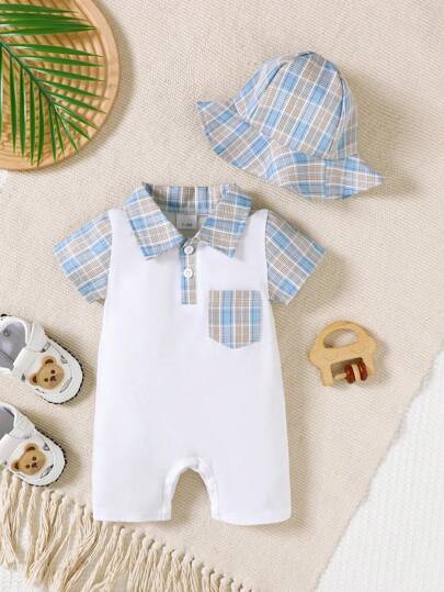 Set de 2 piezas que incluye pelele de manga corta con solapa y botón a presión con estampado a cuadros para bebé niño + gorro, conjunto cómodo y lindo de uso casual a juego