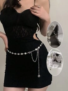 1条银色合金花卉链镶嵌水钻时尚细腰链，新款时尚精致金属腰链装饰，适合夏季、秋季、万圣节等场合的连衣裙搭配。 - 銀色 - 查看 9