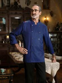 Long Sleeve Blue Chef Jacket, Soft Fabric, Satin-Like Material, Skin-Friendly And Comfortable, Single-Breasted Design, Classic Style, Simple And Fashionable, Suitable For Catering, Bakery, Hotel Kitchen, Restaurant Back Kitchen, Autumn/Winter/Spring Long Sleeve Unisex Chef Uniform - Blue - View 1