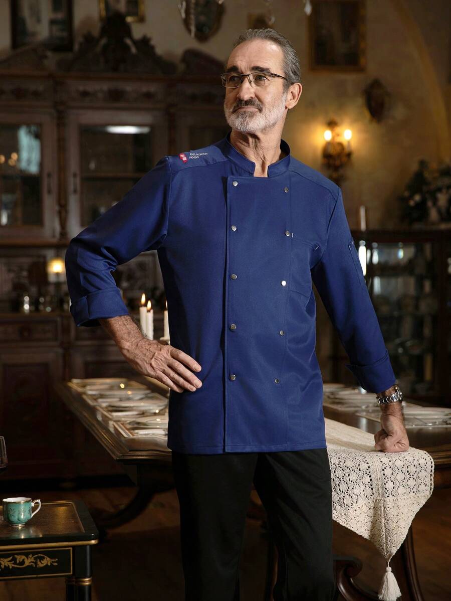 Long Sleeve Blue Chef Jacket, Soft Fabric, Satin-Like Material, Skin-Friendly And Comfortable, Single-Breasted Design, Classic Style, Simple And Fashionable, Suitable For Catering, Bakery, Hotel Kitchen, Restaurant Back Kitchen, Autumn/Winter/Spring Long Sleeve Unisex Chef Uniform - Blue - View 1