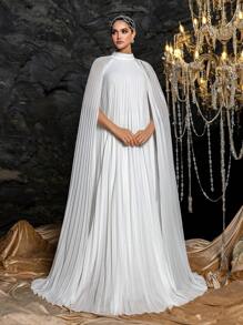 Faeriesty Abaya 复古优雅立领斗篷袖褶皱雪纺正式派对礼服和长裙和中长裙 - 白色 - 查看 5