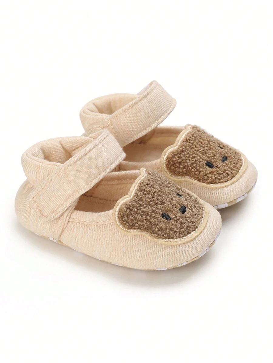 Soft & Comfortable Infant Pre-Walker Shoes 0-1 Years Old, Cute Embroidered Bear Design, Unisex Infant Slippers - Apricot - View 1