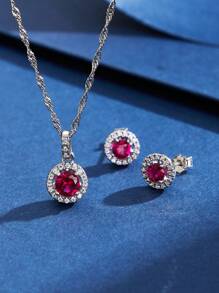 AETOLIA 1 套正品 925 纯银项链耳环经典圆形红宝石吊坠新娘首饰套装适合女性在约会婚礼上佩戴 - 925純銀 - 查看 12