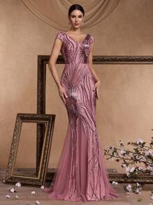 XUIBOL High Quality Elastic Sequin V-Neck Cap Sleeves With Slim Fit And Fishtail Hem Design, Featuring A Solid Color Elegant And Luxurious Long Dress For Women,Making Women Younger And More Charming,Suitable For Various Parties, Graduations, Weddings, Events And Various Banquets And Dancing Parties,Formal Ball Gown For Women (Deluxe Edition), Prom Evening Dress, For Wedding Guest, Dinner Party Dress - 藕粉色 - 查看 3