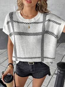 Knit Mix Loose Casual Women Pullover Sweater, Plaid Pattern Round Neck Oversized Knitted Top, Commuting Style (Random Stripes) - White - View 8
