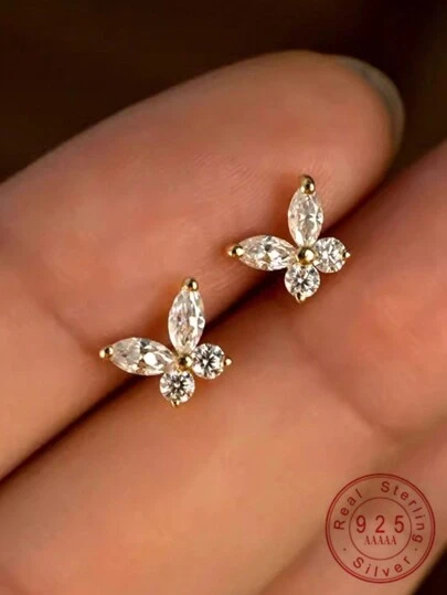 1 Pair S925 Sterling Silver 14k Gold Plated Minimalist Elegant Flashy Butterfly Stud Earrings For Girl