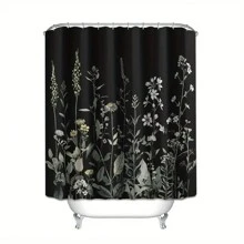 1pc Black Floral Shower Curtain With C-Type Hooks - Waterproof, Machine Washable, And Seasonal Home Bathroom Decor Fall Decor Bathroom Accessories Back To School