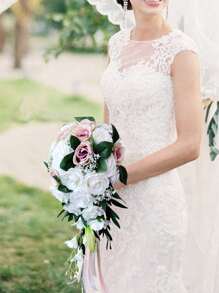 Elegant Artificial Rose Wedding Bouquet, Fabric Floral Arrangement, 19.68 Inches Artificial Rose Bouquet With Ribbons, Bridesmaid Fake Flower Bunch, For Wedding, Bridal & Bridesmaid, Home Decor, Party, Birthday, Valentine's Day & Mother's Day Gift, Wedding Decorations Party Favors Room Decor - Pink - View 7