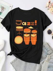 Retro Jazz Drums And Funky Percussion In Brown Yellow Red - Modern Mid-Century Illustration Of Congas Drums Instruments Jazz Music And Vintage 192 For Women's Women T-Women's Shirt
