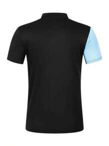 男士纯色短袖亨利领 Polo 衫，时尚休闲 - 藍色 - 查看 2