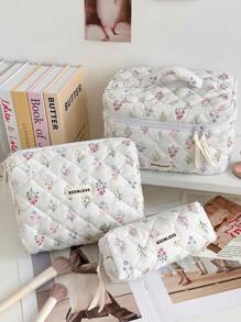 1Pc/Set Delicate Fresh Ditsy Floral Quilted Makeup Bag, Vintage Toiletry Pouch With Handle, Multi-Functional Travel Makeup Bag Handheld, Portable Toiletries Bag Set With Zipper, Large Capacity Cosmetic Storage Bag Suitable For Cosmetics, Lipstick, Jewelry, Tissues, Sanitary Napkins, Gift For New Semester, Winter/Early Spring, Anniversary, Valentine's Day, Vacation, Daily Use, Holiday, Mother's Day Gift, New Style In 2025 (Random Cutting).