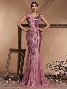 XUIBOL High Quality Elastic Sequin V-Neck Cap Sleeves With Slim Fit And Fishtail Hem Design, Featuring A Solid Color Elegant And Luxurious Long Dress For Women,Making Women Younger And More Charming,Suitable For Various Parties, Graduations, Weddings, Events And Various Banquets And Dancing Parties,Formal Ball Gown For Women (Deluxe Edition), Prom Evening Dress, For Wedding Guest, Dinner Party Dress - 藕粉色 - 查看 2