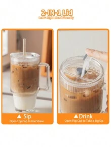 APPKER 24 盎司带盖和吸管的罗纹玻璃杯、带手柄的罗纹玻璃杯、冰咖啡玻璃器皿、饮料杯、带盖和吸管的透明可重复使用饮具，适用于冰沙和饮料 - 無色 - 查看 7