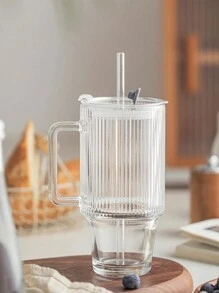 APPKER 24 盎司带盖和吸管的罗纹玻璃杯、带手柄的罗纹玻璃杯、冰咖啡玻璃器皿、饮料杯、带盖和吸管的透明可重复使用饮具，适用于冰沙和饮料 - 無色 - 查看 5