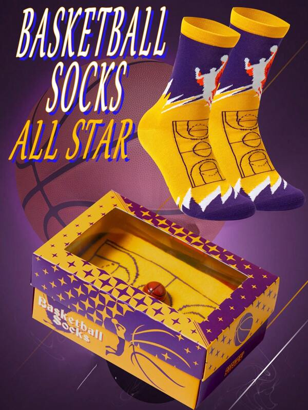 1 paio di confezione regalo calze da uomo, calze da basket di moda creative, calze a tema della squadra di basket viola e oro, divertenti e casual per feste, calze sportive a metà polpaccio per uomo e donna, confortevoli e traspiranti per l'uso in primavera ed estate.
