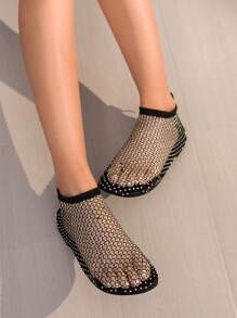 2025 Spring/Summer New Round Toe Flat Hollow Rhinestone Sandals With Sexy Fishnet Mesh Slip-On Women's Shoes, With Back Zipper Colorful Rhinestone Sandals - Black - View 6