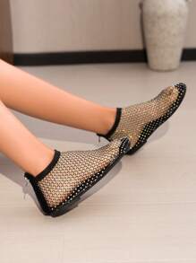 2025 Spring/Summer New Round Toe Flat Hollow Rhinestone Sandals With Sexy Fishnet Mesh Slip-On Women's Shoes, With Back Zipper Colorful Rhinestone Sandals - Black - View 7