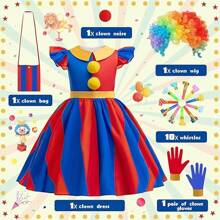 Circus Costume For Girls, 15count Kids Cosplay Clown Costume Set With Rainbow Clown Wig, Clown Nose, Rainbow Bag, Whistles Toys, Children's Halloween Carnival Costumes Girls Cosplay Clown Outfit - Multicolor - View 2