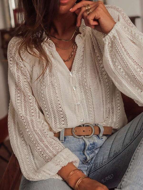 Blusa de mujer de cuello en V de una hilera, manga larga, suelta y versátil, elegante y de moda