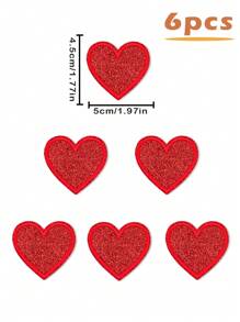 6pcs Red Glitter Heart Embroidery Patch, Cartoon Style Embroidered Sew-On Applique, DIY Craft Suitable For Clothes, Shoes, Hats, Bags
