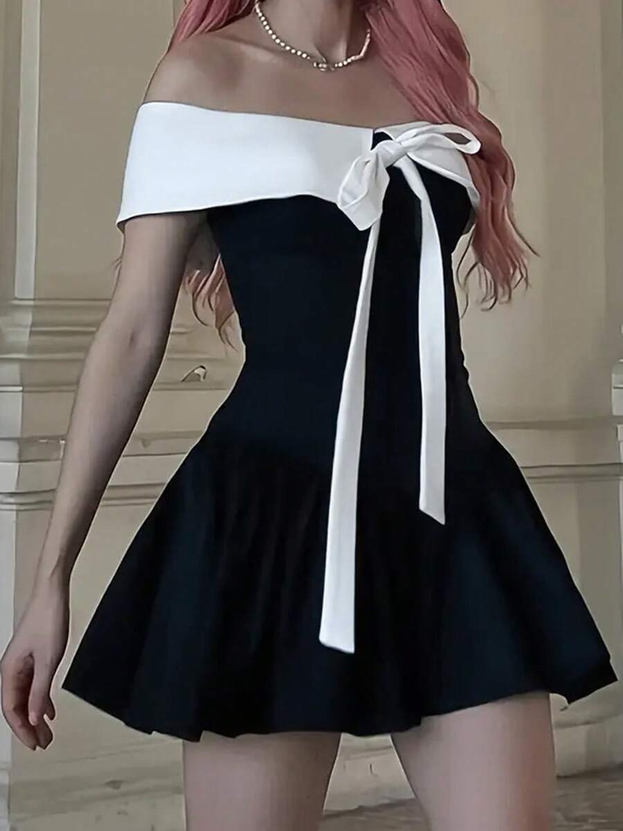 French New Style Bowknot One Shoulder Contrast Color Splicing Dress - Black and White - View 1