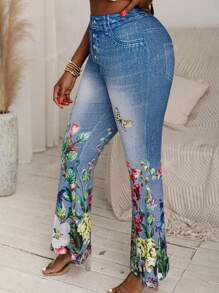 Women's Flared Denim Effect Floral Print High Stretch Pants, Fashionable & Casual