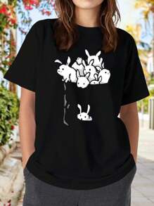 Bunnies Adorable Hand-Drawn Cartoon Rabbits In A Whimsical Blue Pocket - Charming Illustrations Of Cute Bunnies For Women's Women T-Women's Shirt - Black - View 1